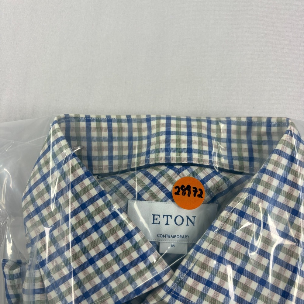 Eton Shirt Mens Medium Plaid Contemporary Button Up Cotton Linen Blend - Picture 9 of 9